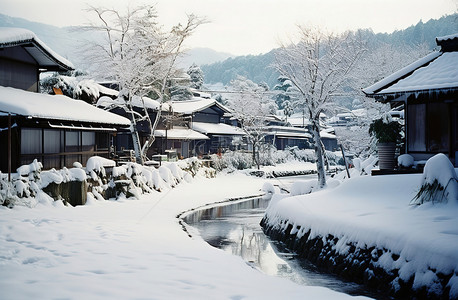 白雪覆盖的山村的乡村