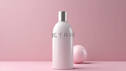 柔和的粉红色背景，具有空白白色护肤品瓶的 3D 渲染效果