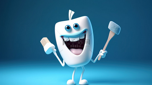医疗牙齿背景图片_蓝色背景下带有 3D 渲染牙科工具的卡通牙齿人物