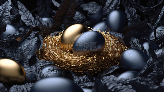 奢华黑色背景背景图片_3d 渲染的黑蛋海中闪闪发光的金蛋