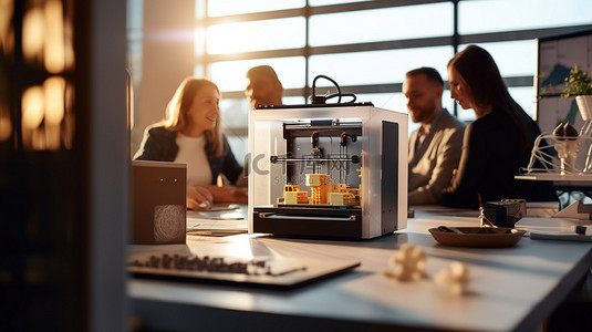 当专业 3D 打印机站在桌子上时，同事们在后台高兴地交谈