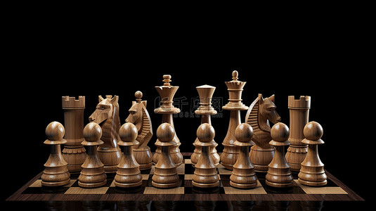 3D 渲染中的木制国际象棋集合团队团结在黑色团队合作中