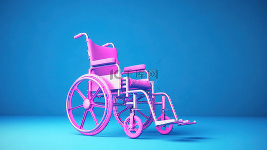 蓝色背景下的 3D 渲染双色调粉色轮椅