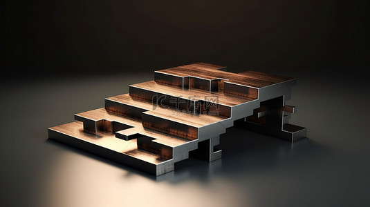 豪华金属楼梯拼图的简约 3D 渲染，具有完美的商业概念复制空间