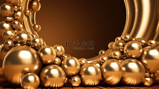 金属金色背景上 3D 渲染的金色珍珠球框非常适合圣诞设计