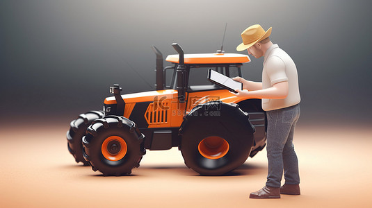 增强型农业 3D 插图：农民使用移动式自动拖拉机