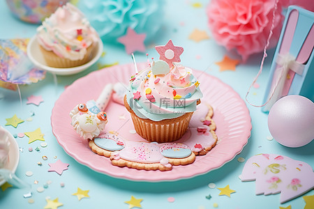 生日蛋糕通用劵背景图片_一个装有纸杯蛋糕气球和另一种派对款待的盘子