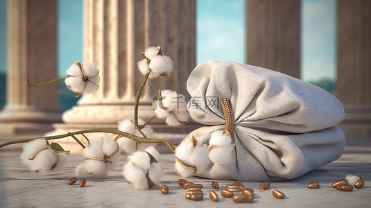 农业金融背景图片_3D 渲染的棉袋，上面有盛开的棉花和硬币放在石柱上