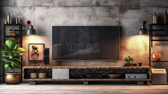 电视墙背景图片_时尚的客厅配有大型电视墙展示照明灯和木地板上的绿化 3D 渲染