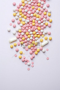 亮黄色粉色和白色药丸和白色背景上的刷子
