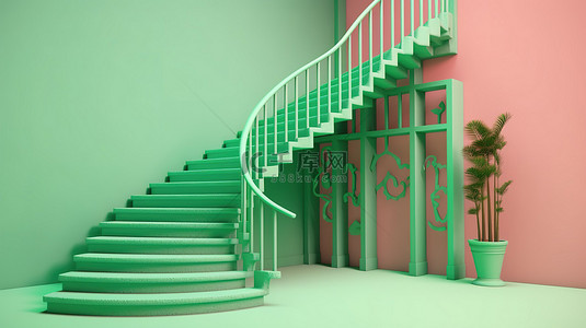 国潮精灵背景图片_充满活力的新奥尔良楼梯在精灵绿色背景下的 3D 渲染