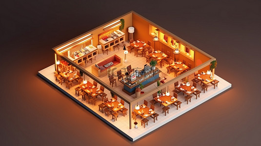 室内建筑的 3D 渲染与开放餐厅的等距视图