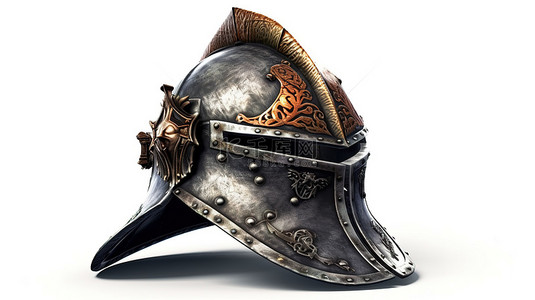 白色背景上孤立的中世纪骑士头盔，3D 渲染的过去的军事遗迹