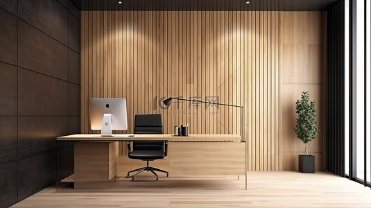 公司室内设计背景图片_极简主义的木质装饰激发了 3D 渲染的办公套装室内设计