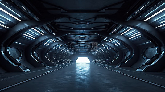 背景科技蓝背景图片_时尚宽敞的未来派大厅令人毛骨悚然的 3D 渲染