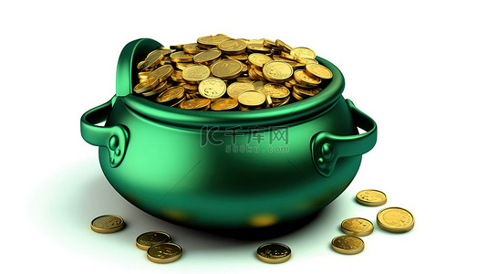 白色背景的 3D 渲染，绿色铁锅里装满了金币