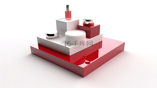 白色讲台上显示的独立美容盒 3D 渲染