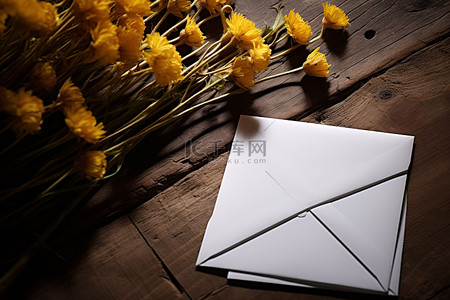 花朵木背景图片_黄色的花朵和木桌下的白色信封