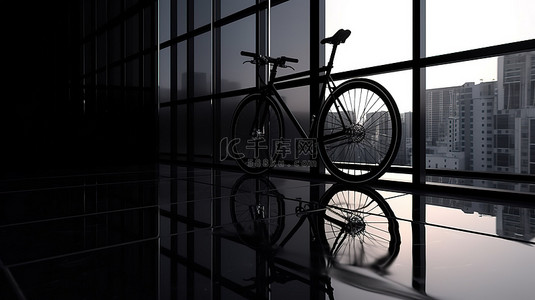 運動城市建筑背景图片_城市交通 3D 渲染黑色自行车反映在墙壁和窗户上