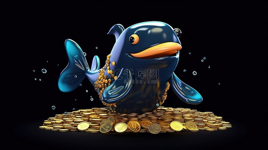 黑色背景下持有比特币的卡通鲸鱼的 3D 插图