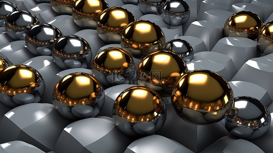 金色球体增强 3D 渲染中的灰色几何图案