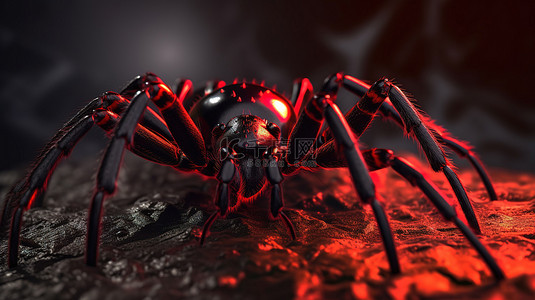 险恶的蜘蛛 3D 插图，黑色蜘蛛，具有详细的红色皮肤，非常适合恐怖万圣节和昆虫灵感主题侧视图