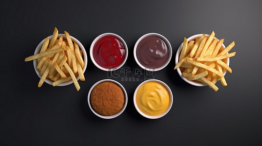 堡快餐背景图片_快餐的自上而下视图 令人垂涎欲滴的汉堡脆薯条的 3d 渲染令人满意的软饮料和美味调味品
