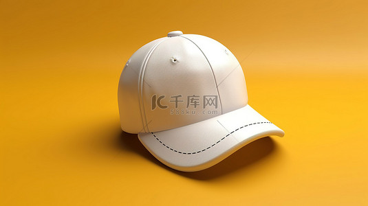 白色皮革足球搭配时尚的白色棒球帽，在充满活力的黄色背景 3D 渲染上