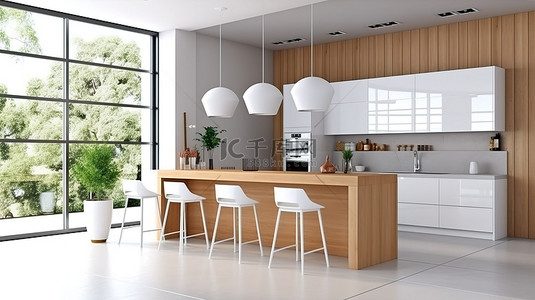 冬天手绘背景图片_现代木制橱柜厨房，采用 3D 渲染白色内饰
