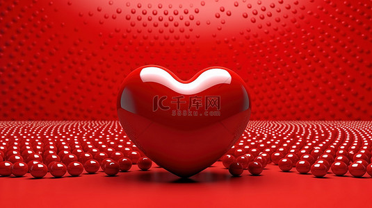 3D 渲染了充满活力的红色背景上心形红色纹理球的抽象插图
