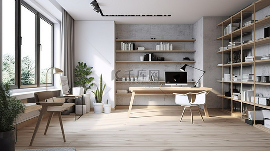现代客厅 3D 渲染中带办公桌和台式电脑的明亮工作区