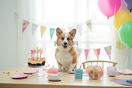 生日背景图片_柯基犬站在生日快乐装饰品旁