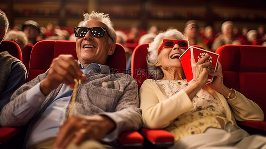 男人成熟背景图片_一对老年夫妇一边戴着 3D 眼镜一边享用爆米花