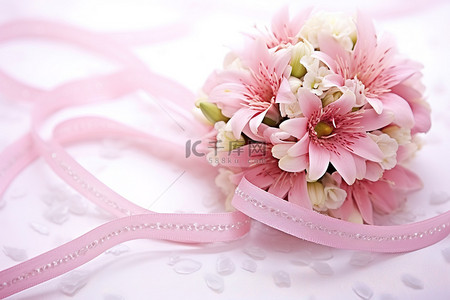 卡片婚礼背景图片_粉红花束和粉红丝带的幸福婚礼