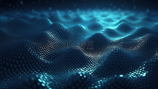 蓝色抽象几何点波与 3D 插图中的耀斑光