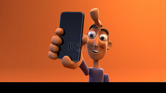 手机卡通手背景图片_一只穿着卡通袖子的 3D 手，显示面向纵向的手机