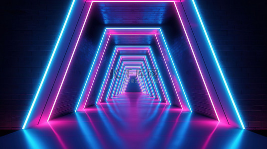 蓝色迪斯科背景图片_蓝色和粉色的三角形霓虹灯隧道令人印象深刻的 3D 渲染