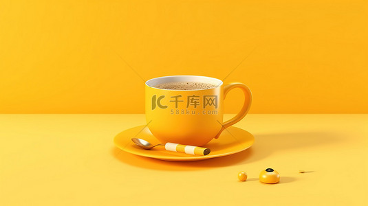 咖啡厅创意背景图片_黄杯黑咖啡是工作和休息时间柔和风格 3D 渲染的创意