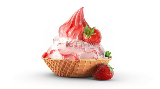 脆皮锥体上的草莓冰淇淋 3D 渲染图像，具有白色背景和剪切路径