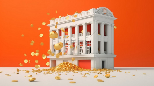 逆风而行向阳而生背景图片_一座简单银行大楼的 3D 渲染，里面有储钱罐里的硬币倾泻而下