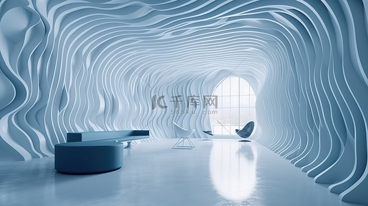 极简主义内饰 3d 渲染带有弧形墙壁圆形天花板和水波纹的休闲室
