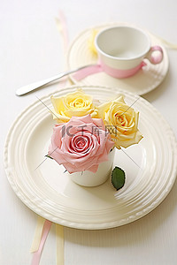 白盘上有玫瑰的餐桌布置