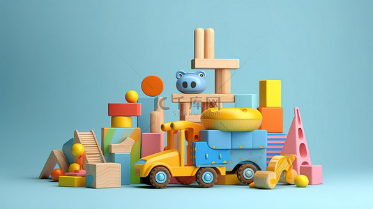 蓝色横幅背景 3D 渲染图像上的幼儿充满活力的木制教育玩具