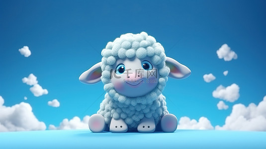 卡通生日庆祝帽背景图片_1 异想天开的羊和梦幻般的蓝云，3D 中有趣的伊斯兰庆祝概念