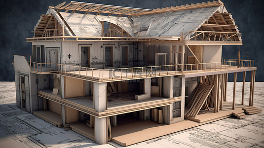 正在建设中的房屋的详细 3D 渲染，配有蓝图和卷尺的技术规格