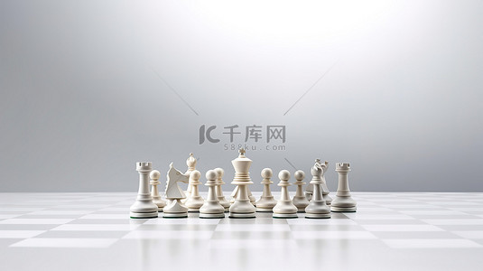 诗词挑战背景图片_无限白色工作室背景上的逼真 3D 国际象棋产品资产