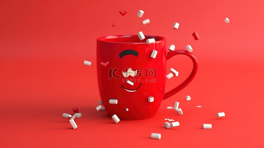 当表情符号落入 3D 渲染时，杯子上印有两个红色别针的 Pinterest 标志