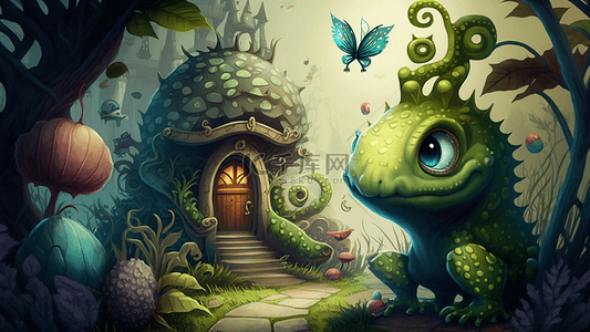 青蛙房屋童话世界儿童插画卡通背景