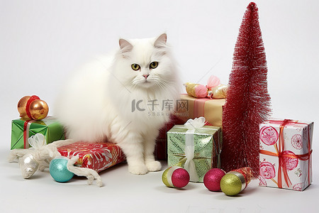 礼物猫背景图片_白色背景中的白猫，配有圣诞装饰品和礼物