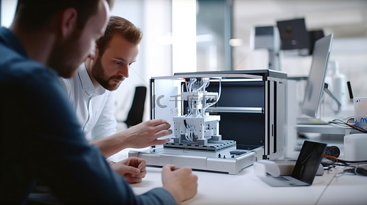 男性观察者对 3D 打印机的输出感到惊叹